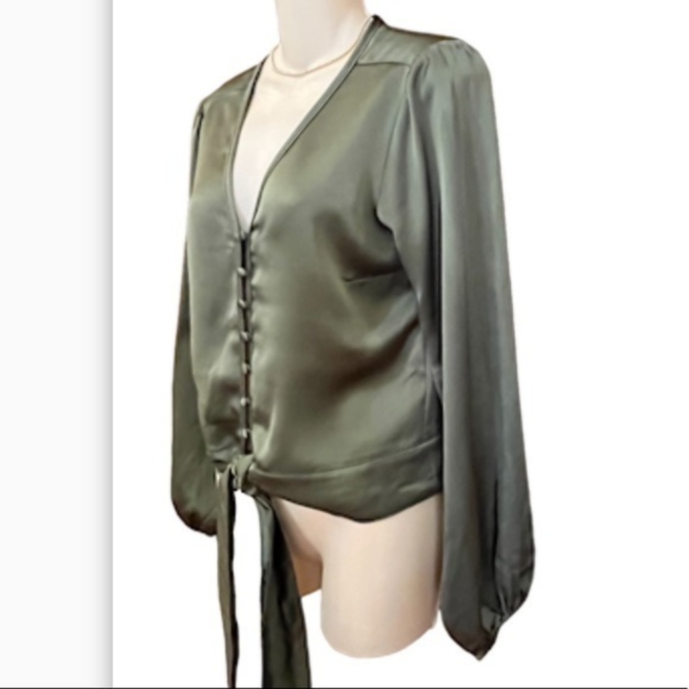 Satin Tie-Front Long-Sleeve Top - Olive Green - Picture 3 of 8